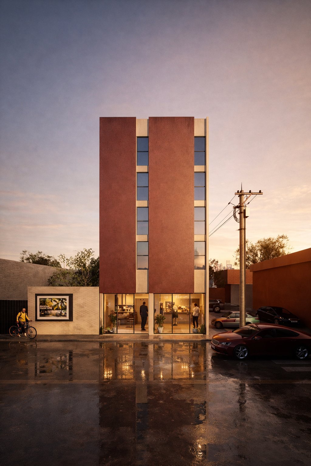 Edificio Malva — fachada con torre vertical y locales comerciales iluminados al atardecer